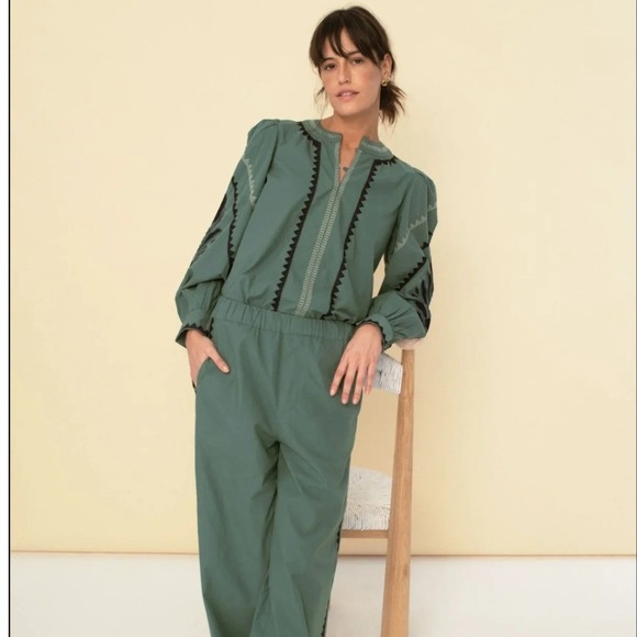 SONMER NWT SZ XL Black Embroidered Green Puff Sleeve 1/4 hook Top Boho Festival - Picture 3 of 15